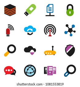 solid vector icon set - antenna vector, internet, social media, cloud shield, exchange, big data, server, usb modem, router, message, network document, lock, magnifier