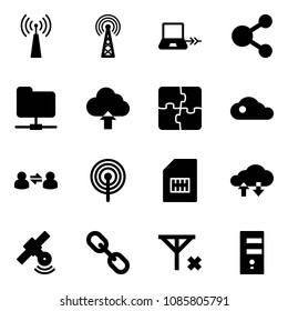 Solid vector icon set - antenna vector, notebook connect, share, network folder, upload cloud, puzzle, information exchange, sim, data, satellite, link, no signal, server