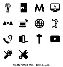 Solid vector icon set - antenna vector, coffee machine, monero, monitor cursor, information exchange, notebook wi fi, globe, bezier, phone, water power plant, hammer, playback, Angular grinder