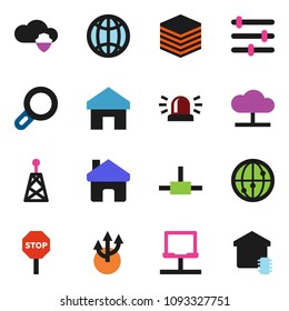 solid vector icon set - antenna vector, internet, connect, notebook network, cloud, shield, big data, equalizer, home, globe, route arrow, stop, magnifier, siren, smart