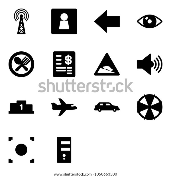 Solid vector icon set - antenna vector, female wc,\
left arrow, eye, fork spoon plate, account statement, steep descent\
road sign, volume max, pedestal, plane, limousine, parasol, record\
button