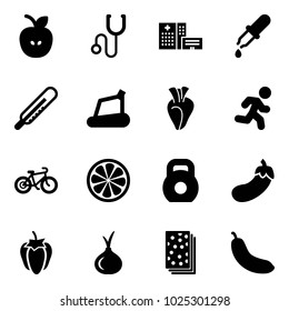 Solid vector icon set - apple vector, stethoscope, hospital building, pipette, thermometer, treadmill, heart, run, bike, lemon slice, weight, eggplant, sweet pepper, onion, breads, banana