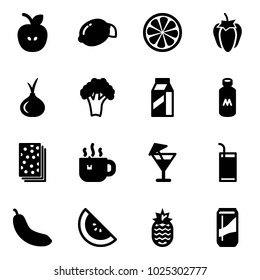 Solid vector icon set - apple vector, lemon, slice, sweet pepper, onion, broccoli, milk, breads, hot tea, drink, banana, watermelone, pineapple