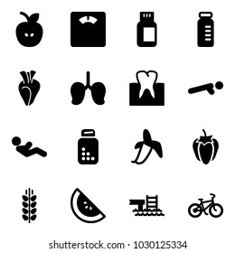 Solid vector icon set - apple vector, floor scales, pills bottle, vial, heart, lungs, tooth, push ups, abdominal muscles, banana, sweet pepper, spica, watermelone, pool, bike