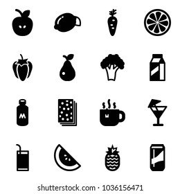 Solid vector icon set - apple vector, lemon, carrot, slice, sweet pepper, pear, broccoli, milk, breads, hot tea, drink, watermelone, pineapple