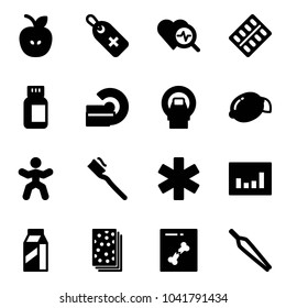 Solid Vector Icon Set - Apple Vector, Medical Label, Heart Diagnosis, Pills Blister, Bottle, Mri, Lemon, Gymnastics, Tooth Brush, Ambulance Star, Statistics, Milk, Breads, X Ray, Forceps