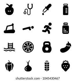 Solid vector icon set - apple vector, stethoscope, pipette, vial, treadmill, push ups, run, pills bottle, pool, lemon slice, weight, eggplant, sweet pepper, onion, spica, strawberry