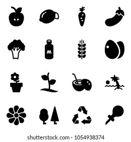 Solid vector icon set - apple vector, lemon, carrot, eggplant, broccoli, milk, spica, eggs, flower pot, sproute, coconut cocktail, palm, forest, recycling, oiler