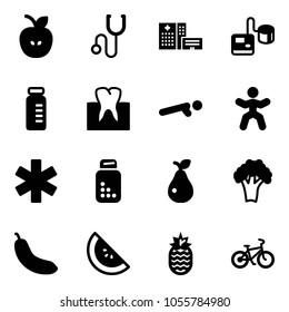 Solid vector icon set - apple vector, stethoscope, hospital building, tonometer, vial, tooth, push ups, gymnastics, ambulance star, pills bottle, pear, broccoli, banana, watermelon, pineapple, bike
