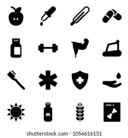 Solid Vector Icon Set - Apple Vector, Pipette, Thermometer, Pills, Bottle, Barbell, Power Hand, Treadmill, Tooth Brush, Ambulance Star, Drop, Sun, Milk, Spice, X Ray