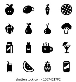 Solid vector icon set - apple vector, lemon, carrot, slice, sweet pepper, pear, onion, broccoli, milk, hot tea, drink, watermelone, pineapple