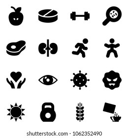 Solid vector icon set - apple vector, pill, barbell, bacteria, meat, kidneys, run, gymnastics, heart care, eye, virus, sun, weight, spica, cereal