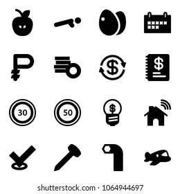 Solid vector icon set - apple vector, push ups, eggs, schedule, ruble, coin, dollar exchange, annual report, speed limit 30 road sign, 50, business idea, wireless home, check, nail, allen key