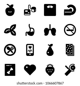 Solid vector icon set - apple vector, tonometer, floor scales, mri, three leafs, stomach, lungs, no smoking sign, fork spoon plate, mobile heart monitor, pear, breads, x ray, strawberry