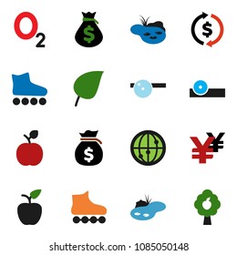 solid vector icon set - apple fruit vector, leaf, exchange, money bag, yen sign, roller Skates, oxygen, internet, eye doctor hat, pond, tree