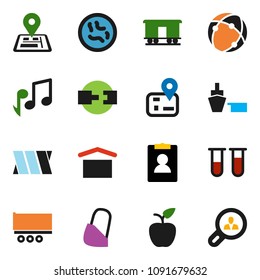 solid vector icon set - apple fruit vector, music, personal information, navigator, truck trailer, port, dry cargo, Railway carriage, vial, microbs, bandage, connection, client search