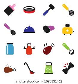 solid vector icon set - apron vector, skimmer, ladle, meat hammer, cutting board, grater, toaster, sieve, dish, jar, potato, chicken leg, broken bone