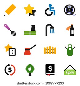 solid vector icon set - apron vector, skimmer, turk coffee, pencil, exchange, annual report, film spool, disabled, potion, favourites, fruit tree, fence, bath, factory, star, open