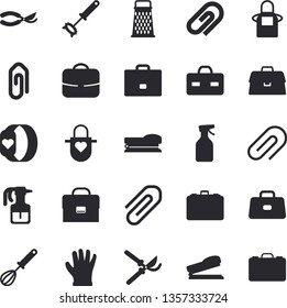 Solid vector icon set - apron flat vector, whisk, grater, pulverizer, secateurs, gloves, case, briefcase, clip, stapler, fitness bracelet