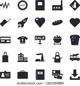 Solid vector icon set - apron flat vector, barbecue, bread, factory, manufactory, credit card, sell out, heart, hospital, badge, rocket, notebook, electric discharge fector, sport T shirt, luggage