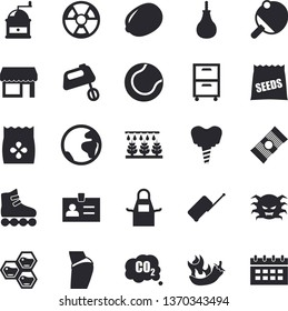 Solid vector icon set - apron flat vector, coffee grinder, mixer, spaghetti, lemon, hot peppers, honeycomb, seeds, sprinkling machine, radiation, carbon dioxide, virus, implant, archive, buttocks
