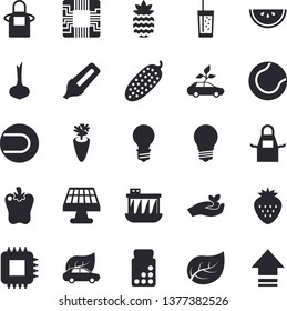 Solid vector icon set - apron flat vector, onion, watermelon, carrot, bell pepper, cucumber, soda, Strawberry, pineapple, seedlings, solar battery, tree leaf, lamp, hydroelectric power station