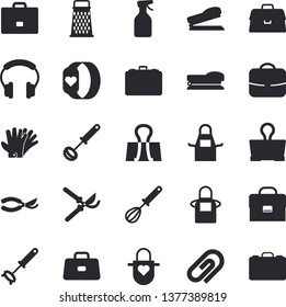 Solid vector icon set - apron flat vector, whisk, grater, pulverizer, secateurs, gloves, case, briefcase, stapler, fitness bracelet, clip, binder, headset
