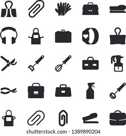Solid vector icon set - apron flat vector, whisk, pulverizer, secateurs, gloves, case, briefcase, clip, stapler, fitness bracelet, binder, headset