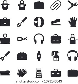 Solid vector icon set - apron flat vector, whisk, grater, pulverizer, secateurs, gloves, case, briefcase, clip, stapler, fitness bracelet, binder, headset