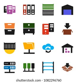 solid vector icon set - archive vector, binder, sea container, warehouse, shelving, server, network folder, cloud exchange, barn, package