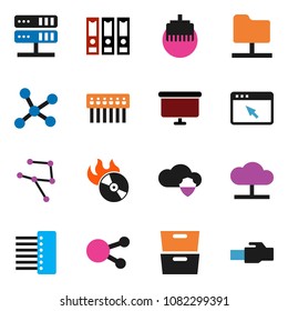 solid vector icon set - archive vector, binder, presentation board, music hit, social media, network, folder, server, cloud, shield, browser, hub, lan connector
