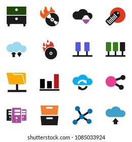 solid vector icon set - archive vector, graph, barcode, music hit, social media, network, server, folder, cloud shield, exchange, upload