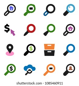 solid vector icon set - archive vector, magnifier, money search, dollar cursor, map pin, cargo, cloud glass, estate, client