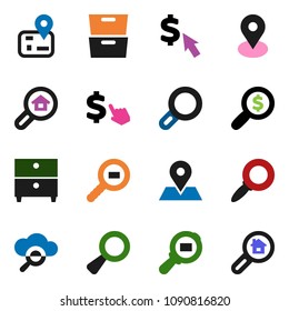 solid vector icon set - archive vector, magnifier, money search, dollar cursor, navigator, map pin, cargo, cloud glass, estate