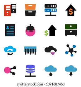 solid vector icon set - archive vector, personal information, dollar growth, barcode, social media, network server, cloud shield, exchange, lan connector, upload, download