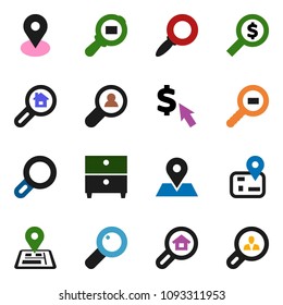 solid vector icon set - archive vector, magnifier, money search, dollar cursor, navigator, map pin, cargo, estate, client