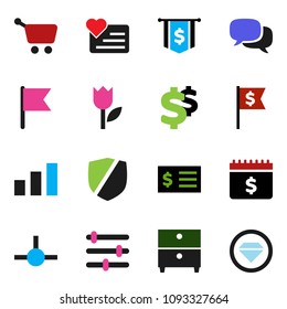 solid vector icon set - archive vector, flag, receipt, dollar, calendar, sign, heart monitor, tulip, sorting, protected, dialog, connect, equalizer, cart, diamond ring