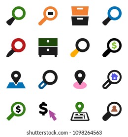 solid vector icon set - archive vector, magnifier, money search, dollar cursor, navigator, map pin, cargo, estate, client