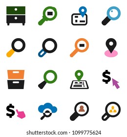 solid vector icon set - archive vector, dollar cursor, navigator, map pin, cargo search, magnifier, cloud glass, client