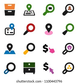 solid vector icon set - archive vector, magnifier, dollar cursor, navigator, map pin, cargo search, estate, client
