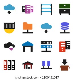 solid vector icon set - archive vector, binder, sea container, warehouse, shelving, server, network folder, cloud shield, upload, download, barn, package