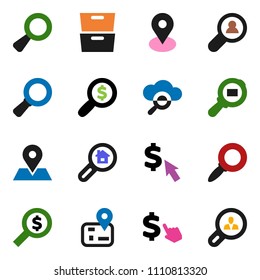 solid vector icon set - archive vector, magnifier, money search, dollar cursor, navigator, map pin, cargo, cloud glass, estate, client