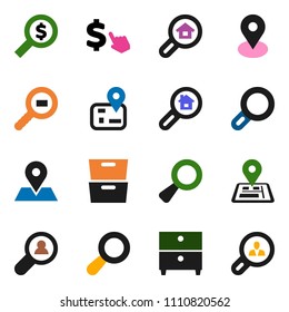 solid vector icon set - archive vector, money search, dollar cursor, navigator, map pin, cargo, magnifier, estate, client