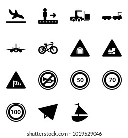 Solid Vector Icon Set - Arrival Vector, Travolator, Fork Loader, Baggage Truck, Plane, Bike, Tunnel Road Sign, Railway Intersection, Side Wind, No Horn, Speed Limit 50, 70, 100, Paper Fly