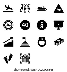 Solid Vector Icon Set - Arrival Vector, Garland, Snowmobile, Cow Road Sign, No Bike, Minimal Speed Limit, Pedestrian Way, Presentation Board, Growth, Pyramid Flag, Finger Ring, Dollar, Feet