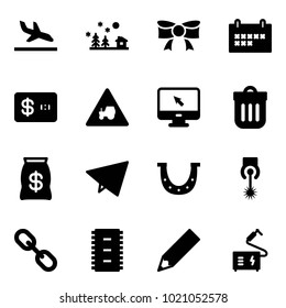Solid vector icon set - arrival vector, christmas landscape, bow, schedule, credit card, tractor way road sign, monitor cursor, trash bin, money bag, paper fly, luck, laser, link, chip, pencil