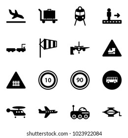 Solid vector icon set - arrival vector, baggage, train, travolator, truck, side wind, boarding passengers, railway intersection road sign, speed limit 10, 90, bus, helicopter, plane, moon rover