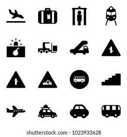 Solid vector icon set - arrival vector, suitcase, metal detector gate, train, terrorism, fork loader, trap truck, intersection road sign, car crash, bus, stairs, plane, baggage, toy