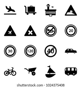 Solid vector icon set - arrival vector, baggage, airport building, steep roadside road sign, railway intersection, no horn, speed limit 20, 30, 120, end, limousine, bike, wheelbarrow, sailboat toy