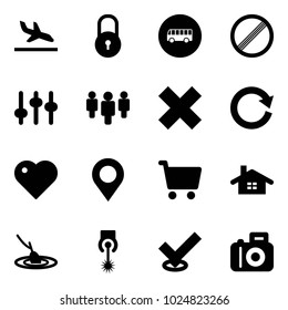 Solid vector icon set - arrival vector, lock, bus road sign, no limit, settings, group, delete cross, reload, heart, map pin, cart, home, fishing, laser, check, camera